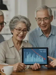 Group of seniors discussing Medicare benefits on a tablet, symbolizing healthcare savings.