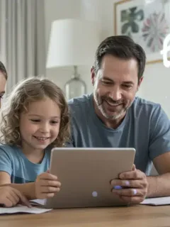 Family reviewing Child Tax Credit 2026 information on a tablet, symbolizing financial planning.