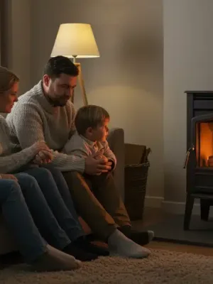 Family staying warm at home with reduced utility bills