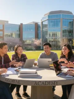 College students discussing financial aid applications on a university campus.
