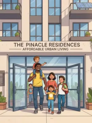 Family smiling, entering a modern affordable housing complex in a sunny urban setting.
