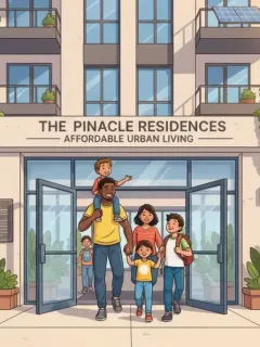 Family smiling, entering a modern affordable housing complex in a sunny urban setting.