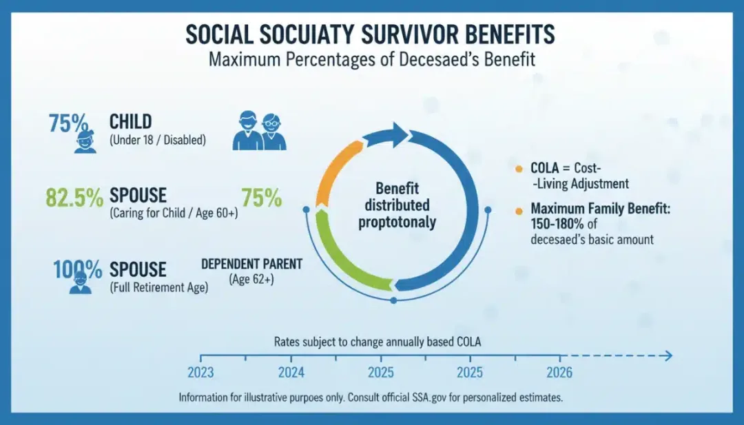 Infographic showing Social Security survivor benefit percentages for 2026