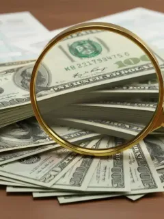 Close-up of US dollar bills with a magnifying glass, symbolizing EITC maximization and tax credit benefits.