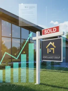 Modern home with 'Sold' sign, financial charts, and tax forms, representing tax benefits for homeowners.