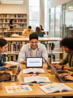 Students researching scholarship opportunities on laptops in a university library.