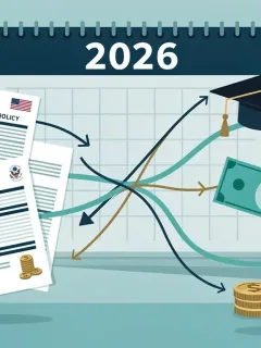 Federal policy documents, student loan symbols, and a calendar marked 2026, illustrating the future impact on student debt.