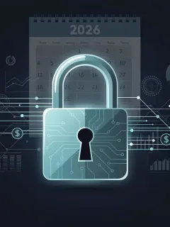 Digital padlock protecting financial data network with 2026 calendar