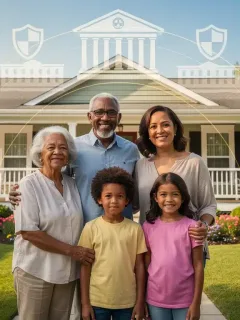 Family smiling in front of their home, symbolizing federal foreclosure prevention aid
