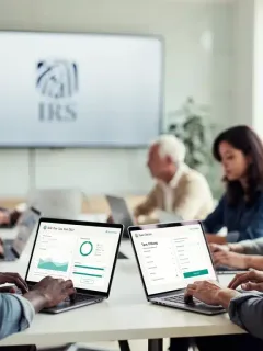 People digitally filing taxes on computers and tablets with IRS logo