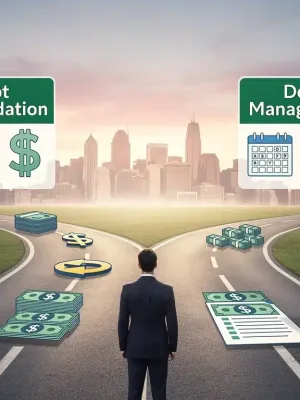 Diverging paths symbolizing debt consolidation and debt management options for US consumers in 2026.