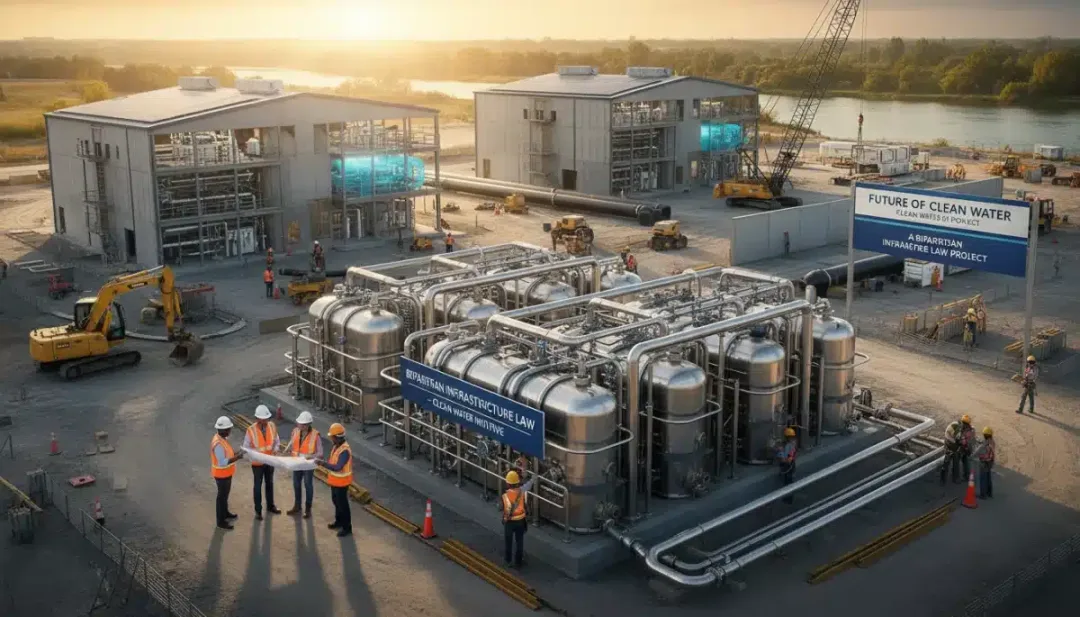 Engineers working on a large water purification project, symbolizing clean water infrastructure investment.