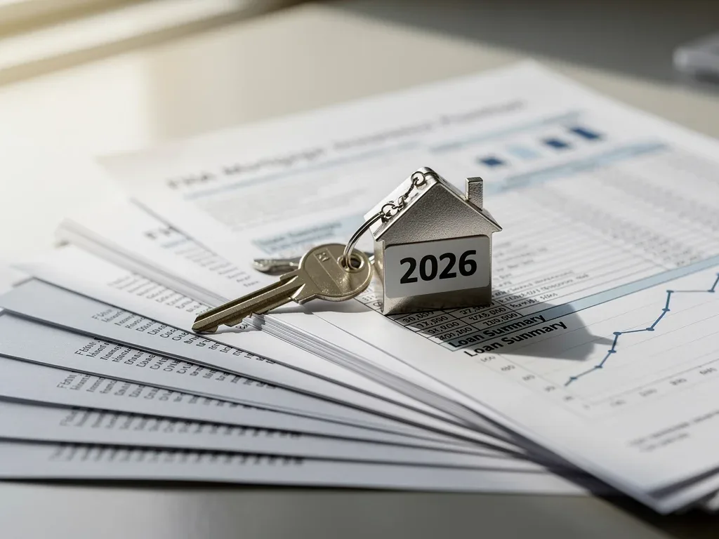 House key with 2026 tag and miniature house on financial documents for FHA mortgage insurance