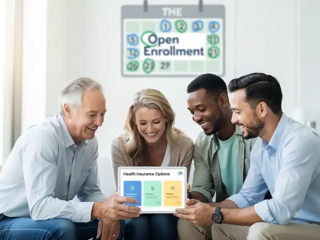 Diverse individuals reviewing Affordable Care Act enrollment options on a tablet, symbolizing accessibility and new benefits.
