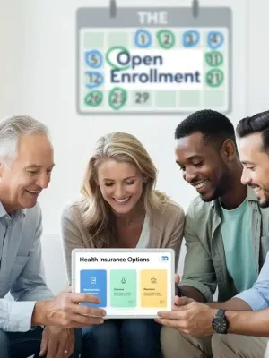 Diverse individuals reviewing Affordable Care Act enrollment options on a tablet, symbolizing accessibility and new benefits.