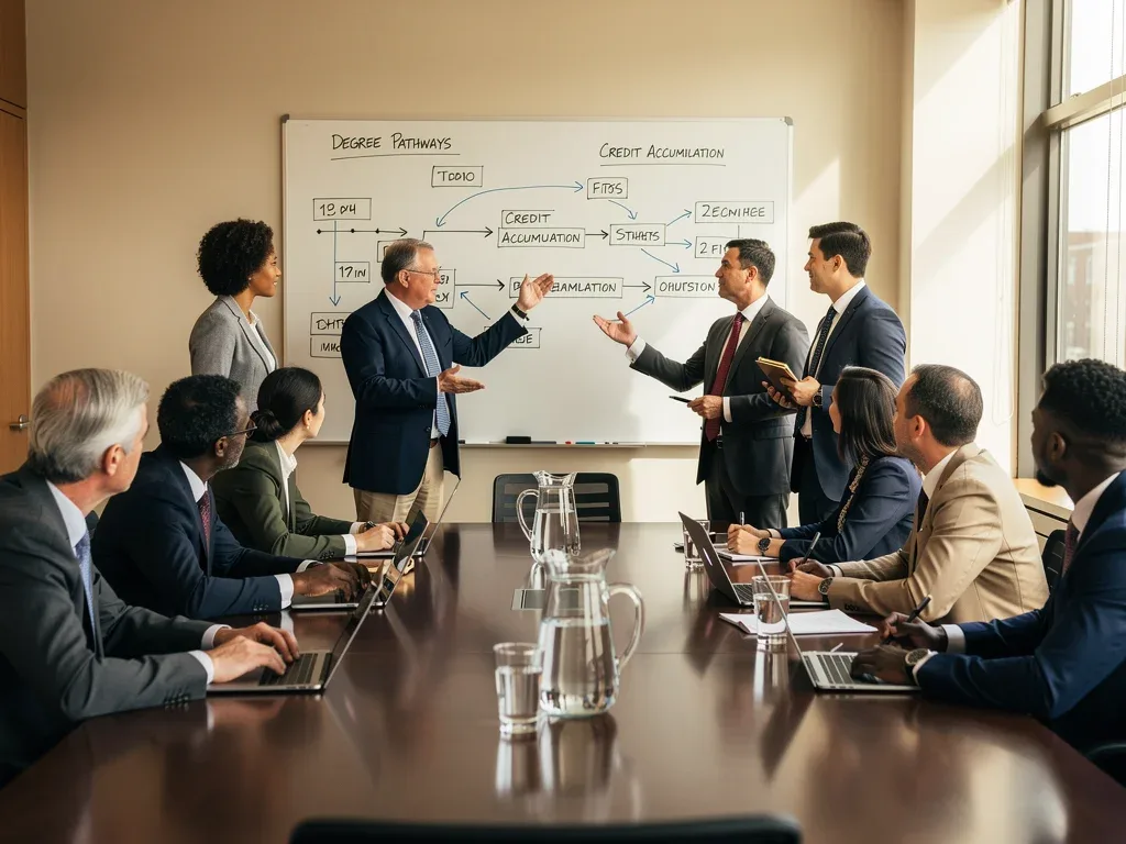 University faculty discussing accelerated degree program reforms