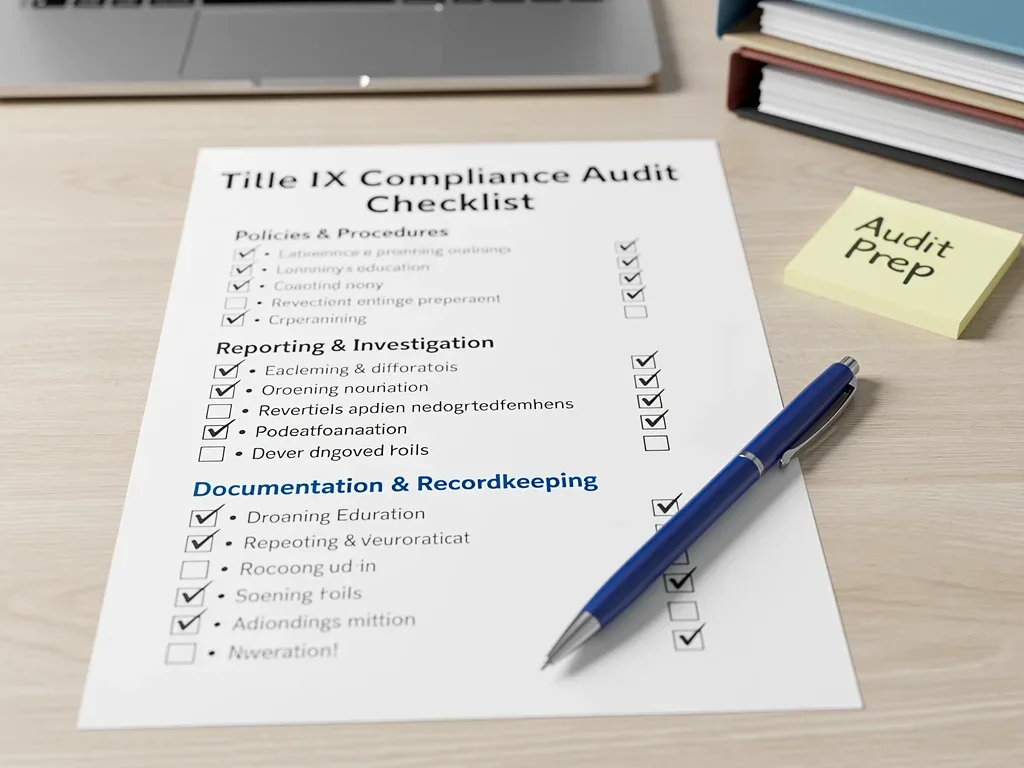 Title IX compliance audit checklist being completed by an administrator