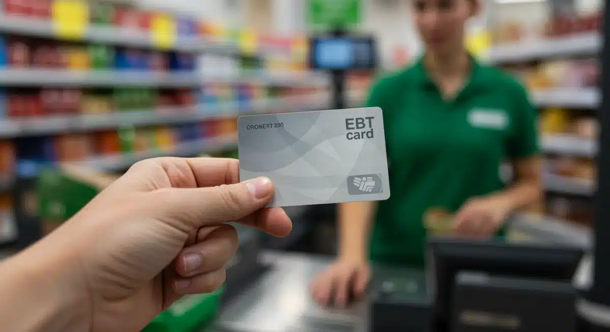Hand holding EBT card at grocery store checkout for SNAP benefits