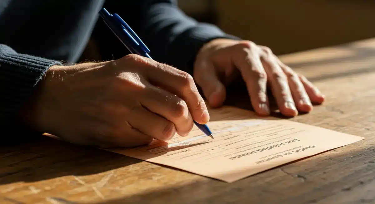 Hands completing an unemployment benefits application form.