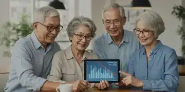 Group of seniors discussing Medicare benefits on a tablet, symbolizing healthcare savings.
