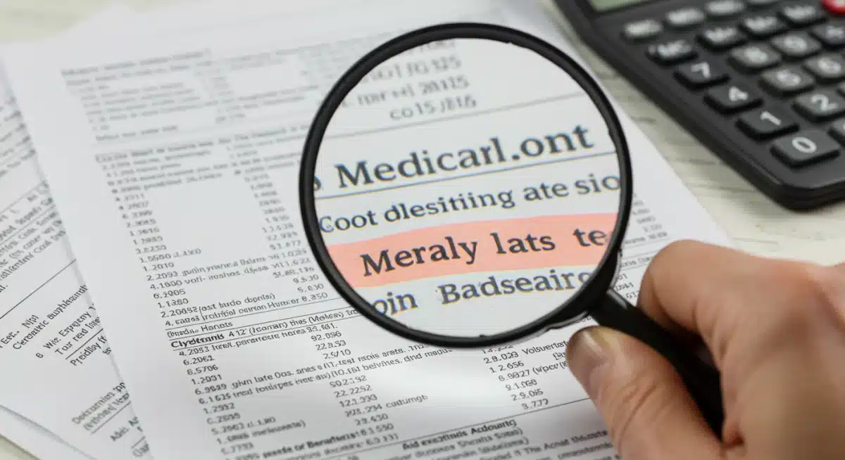 Hand with magnifying glass reviewing Medicare documents for cost-saving details.