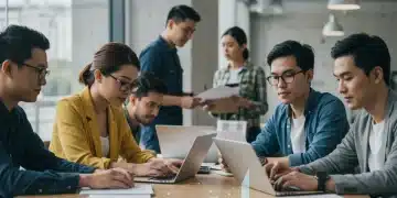 Students reviewing federal student loan repayment options documents on laptops