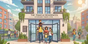 Family smiling, entering a modern affordable housing complex in a sunny urban setting.