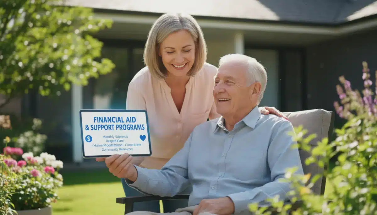 Happy caregiver with elderly loved one, accessing support program information