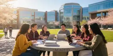 College students discussing financial aid applications on a university campus.