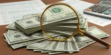 Close-up of US dollar bills with a magnifying glass, symbolizing EITC maximization and tax credit benefits.