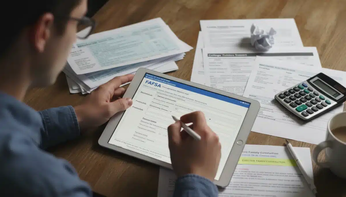 Person meticulously completing a FAFSA application form on a tablet device.