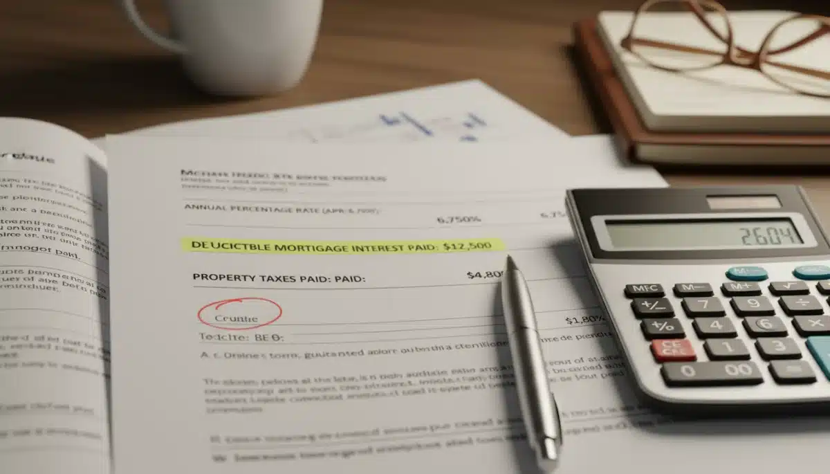 Close-up of mortgage document, calculator, and pen for interest deduction calculations.