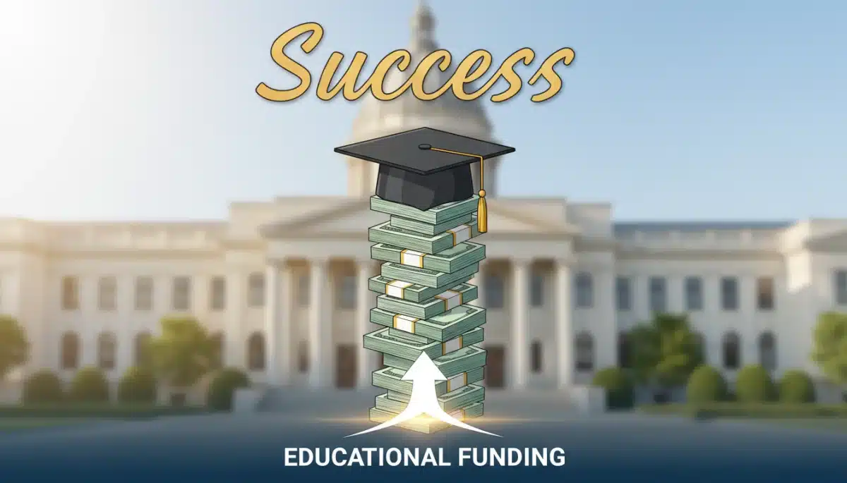 Pell Grant funding represented by stacks of money and a graduation cap.