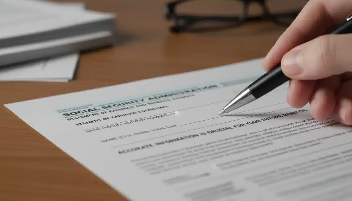 Social Security application form with pen, emphasizing accuracy.