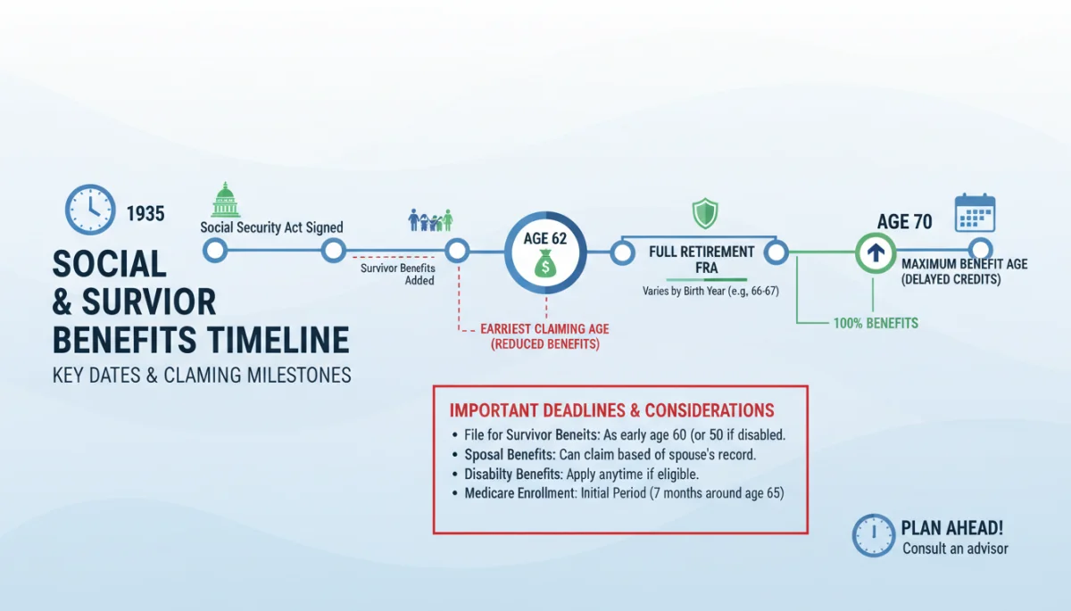 Timeline graphic showing Social Security benefit claim dates and milestones.