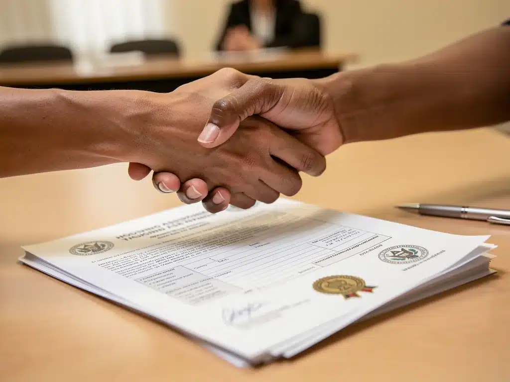 Hands shaking over federal housing assistance documents, signifying support