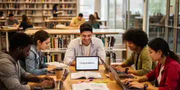 Students researching scholarship opportunities on laptops in a university library.