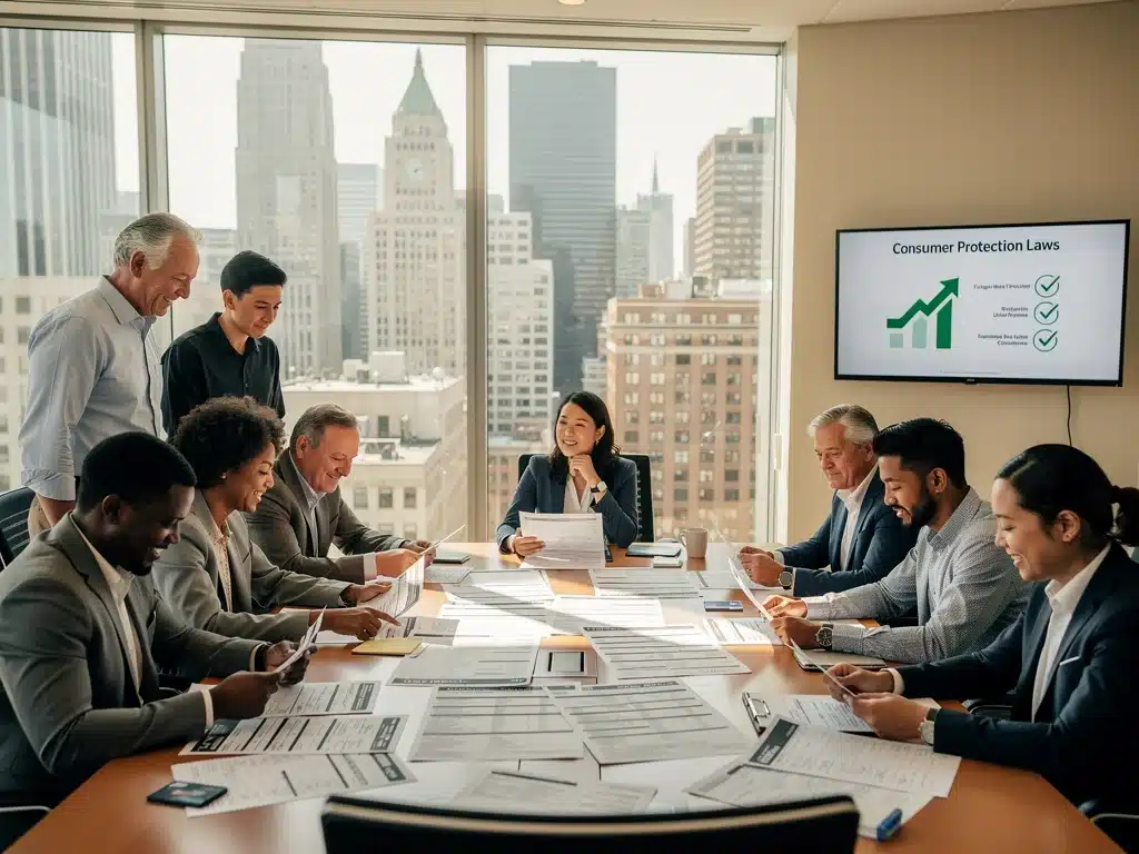Diverse people reviewing financial statements, feeling secure due to new consumer protection laws.