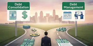 Diverging paths symbolizing debt consolidation and debt management options for US consumers in 2026.