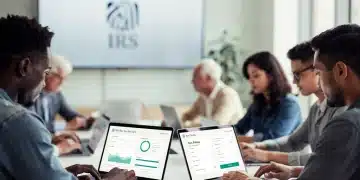 People digitally filing taxes on computers and tablets with IRS logo