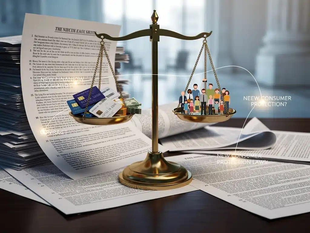 Legal documents and scales of justice representing new consumer protection laws.